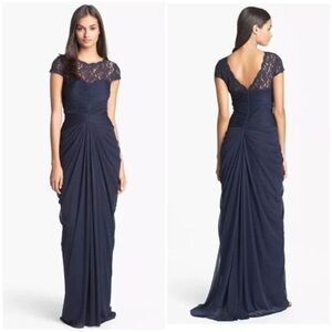 Adrianna Papell Navy Lace Cap-Sleeve Ruched Maxi Dress